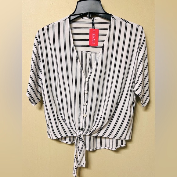 Striped Tie-Front Button Blouse Black white Small NWT - Picture 1 of 2